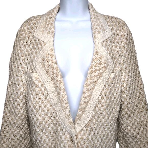 Hand Knit Handmade Sweater Blazer Cardigan Womens Size M Tan Cream Pockets NEW - Picture 5 of 16